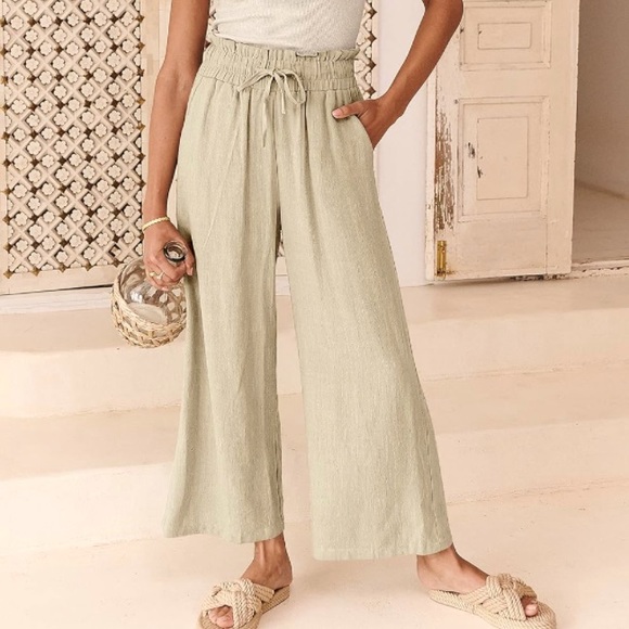 Linen Pants High Waist Drawstring Casual Wide Leg Capri Palazzo Pockets Coastal - Picture 2 of 9
